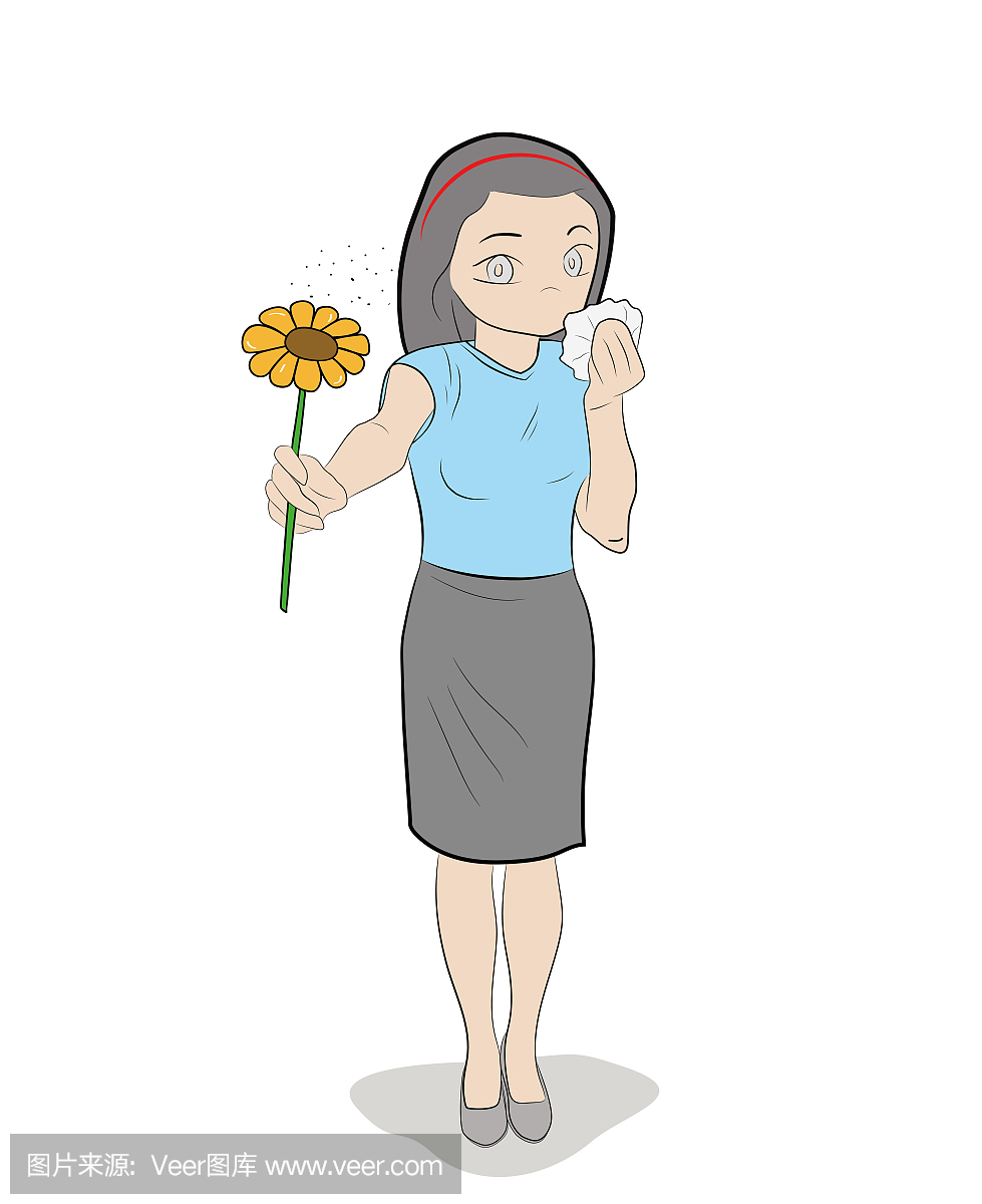 女孩抱着从过敏症状中关闭的花。医疗设计和图