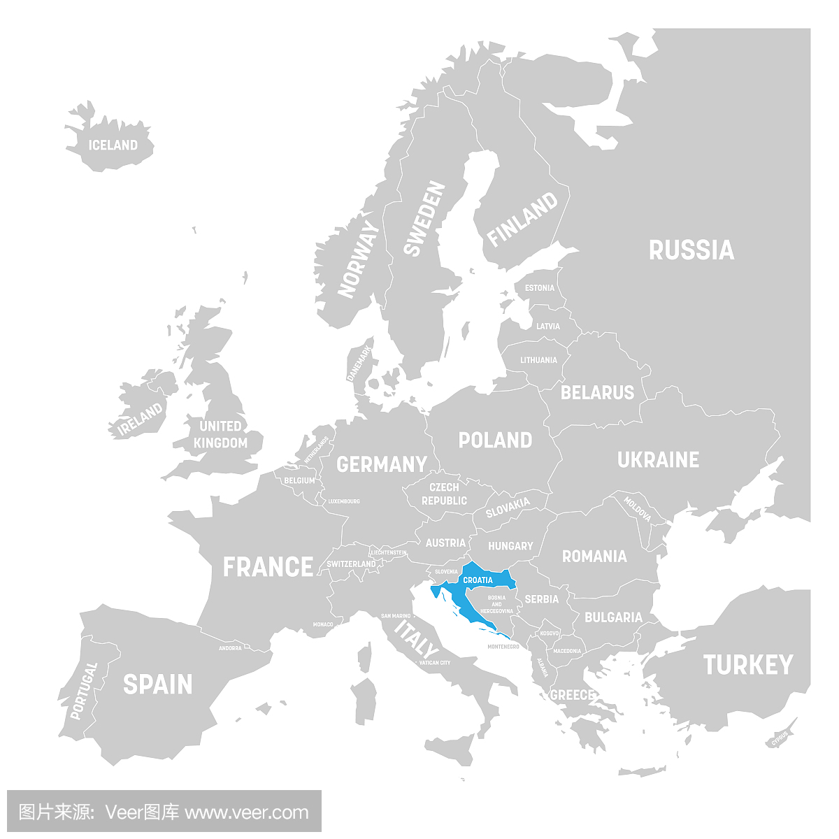 克罗地亚由在欧洲的灰色政治地图的蓝色标记了