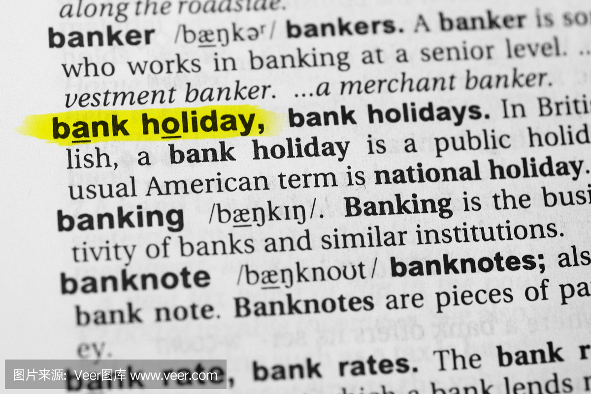 突出显示的英语单词银行假期及其在词典中的