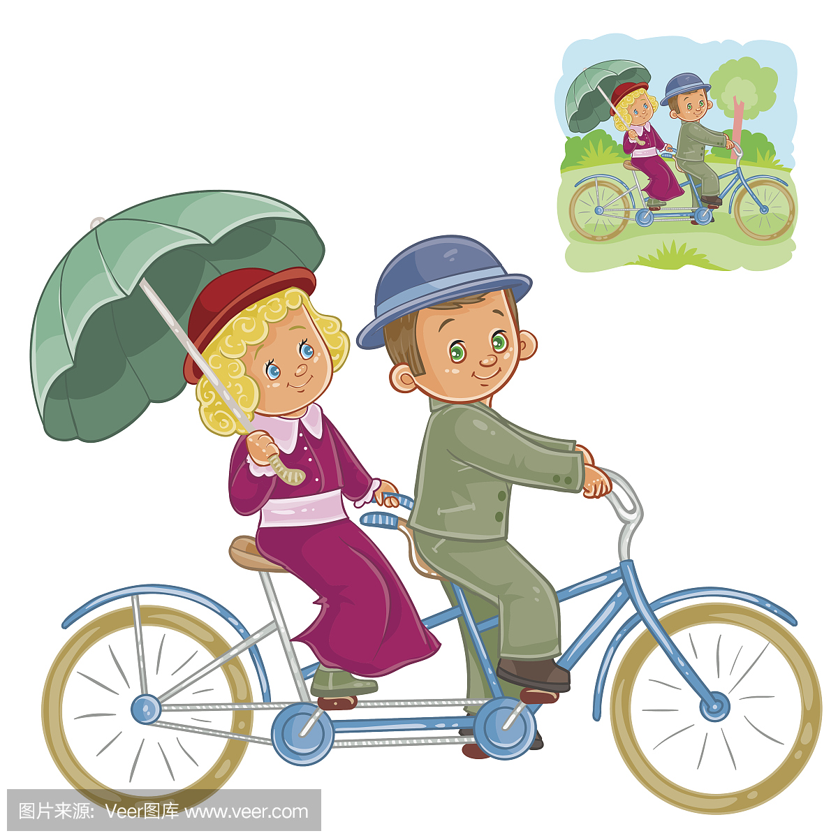 矢量小孩在这个时期的服装骑在一辆双人自行车