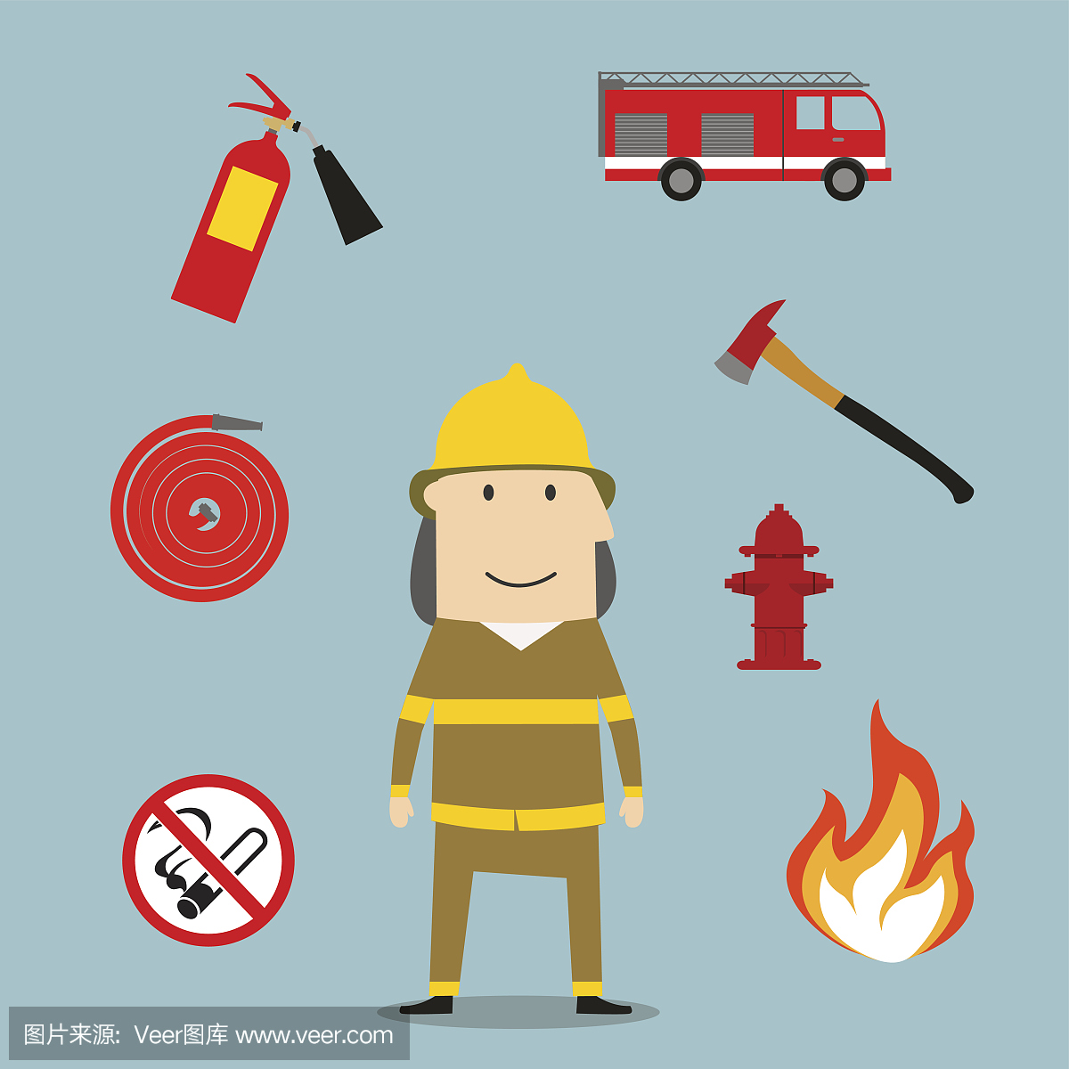 强大的消防员与消防工具