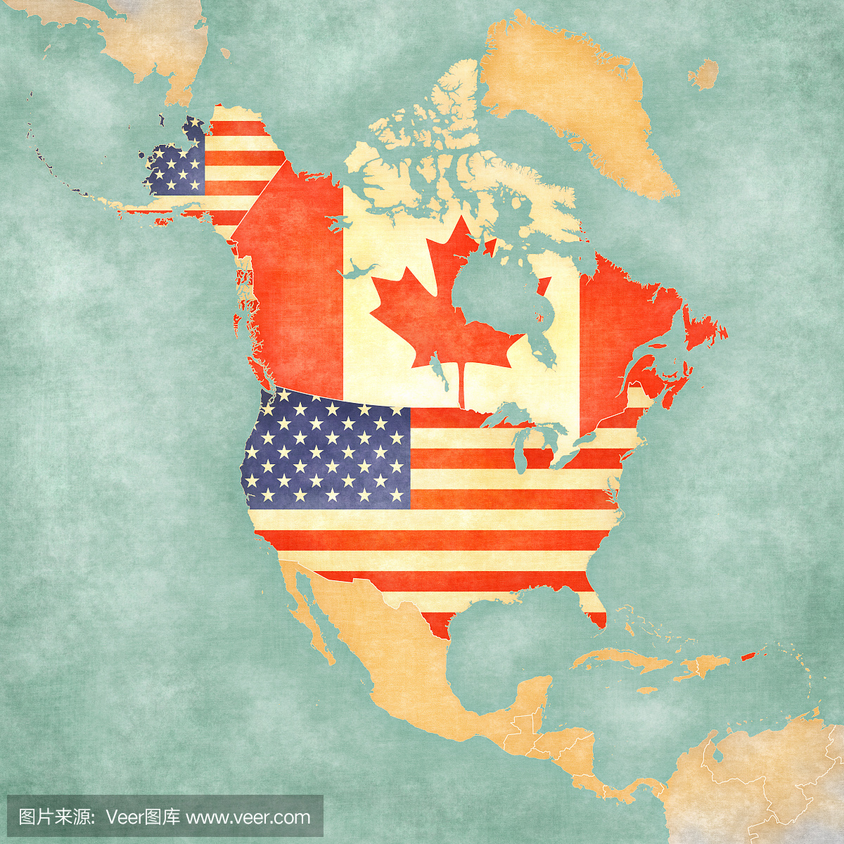 北美地图 - 美国和加拿大(复古系列)