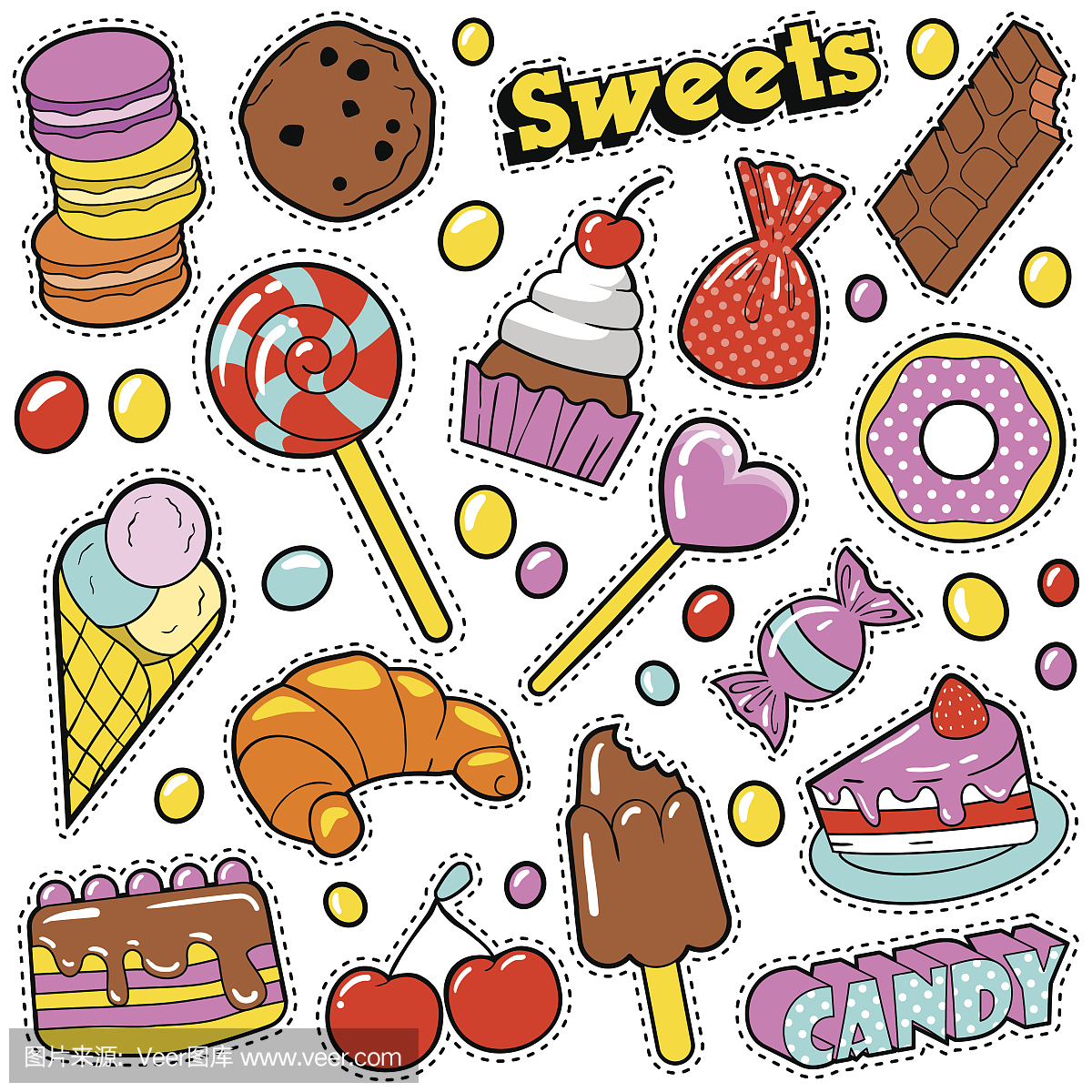甜品食品徽章设置与补丁,贴纸,糖果,蛋糕