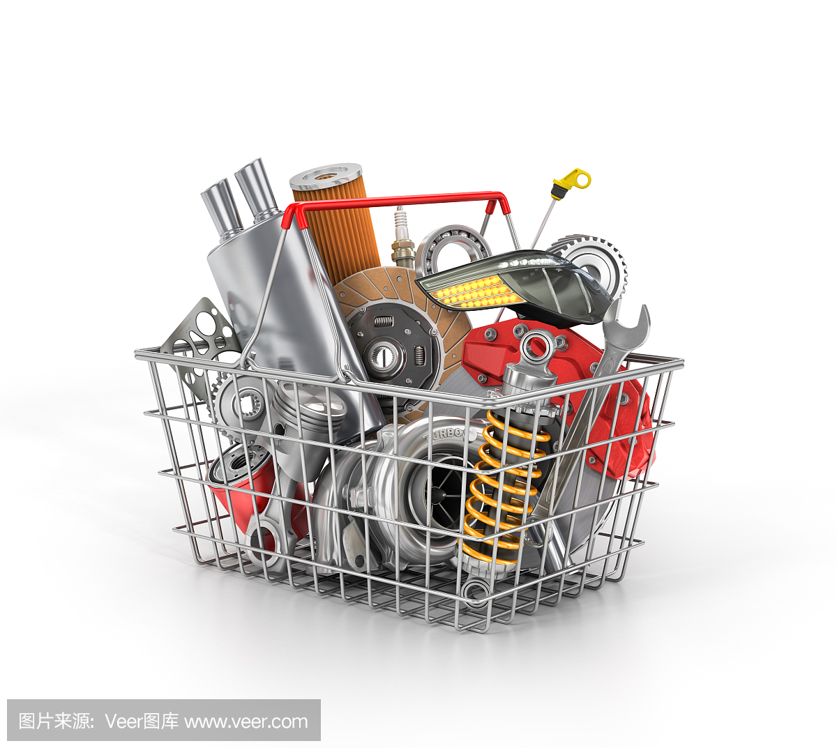 从一家充满汽车零部件的篮子。汽车配件店。汽