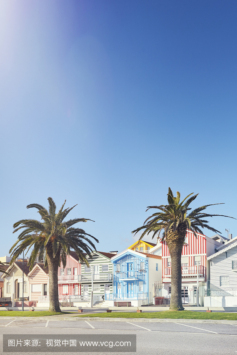 Row of colourful beach houses in Costa Nova, Portugal