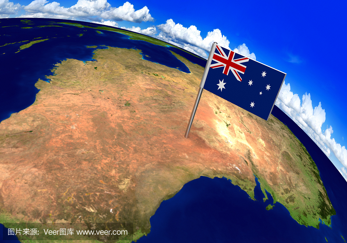 在世界地图上的澳大利亚国旗的标记