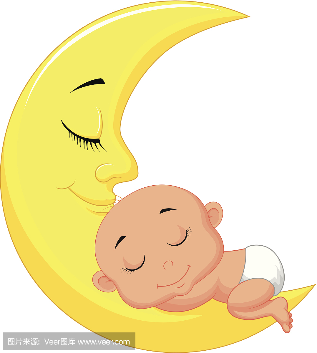 可爱的婴儿卡通睡在月球上
