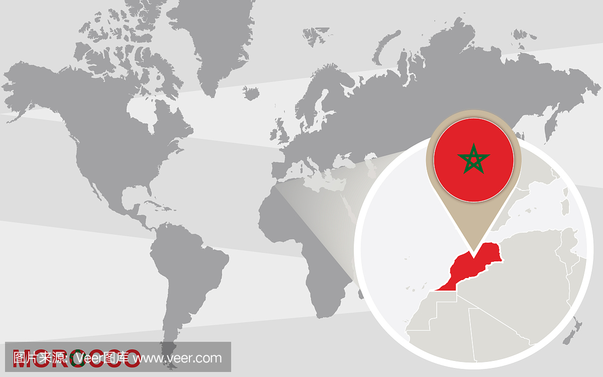 世界地图与放大的摩洛哥。光栅图。