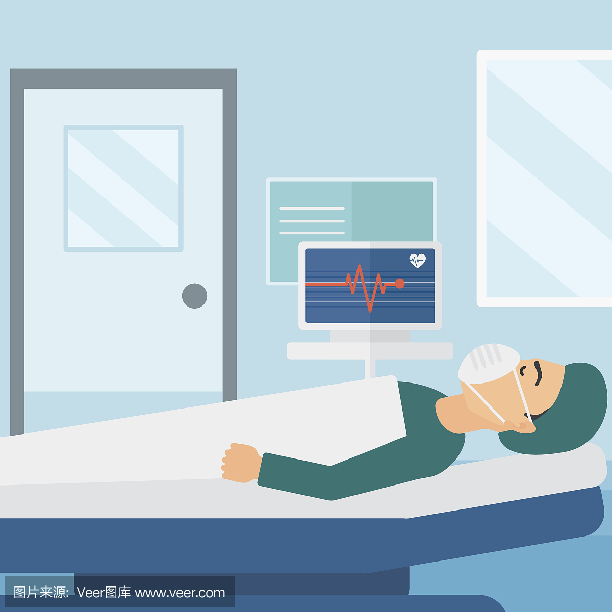 病人躺在医院病床与心脏监护仪