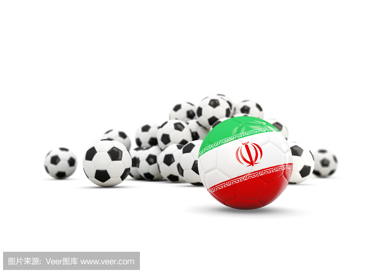 与白色隔离的伊朗国旗的足球