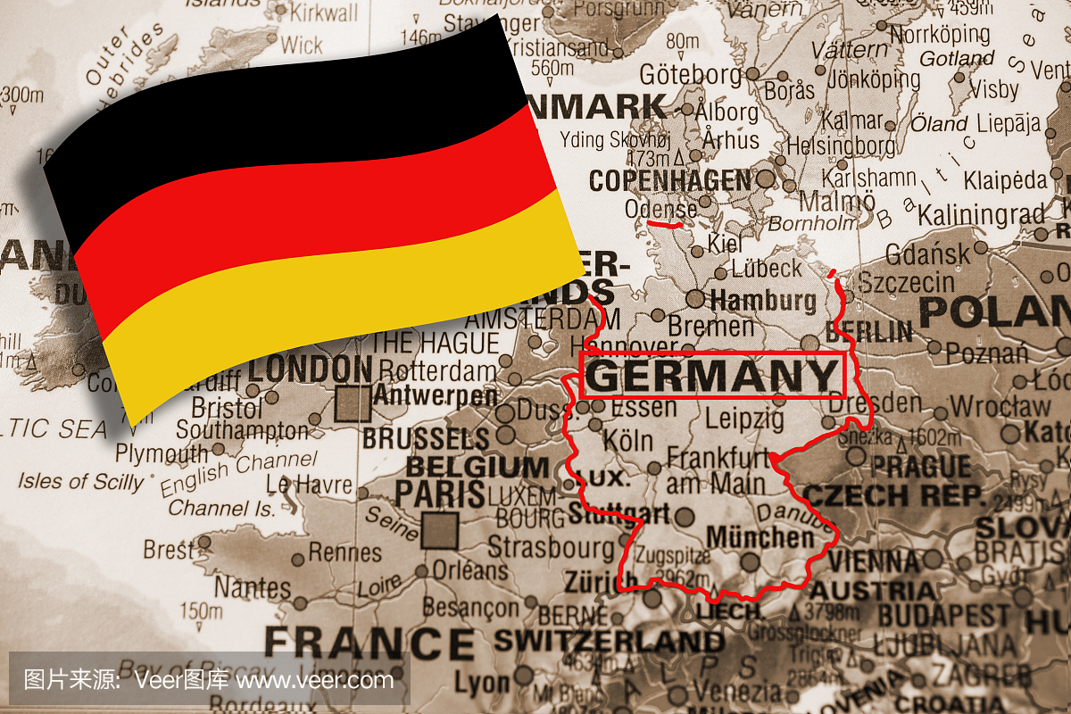国家:欧洲国家地图。专注于德国旗。
