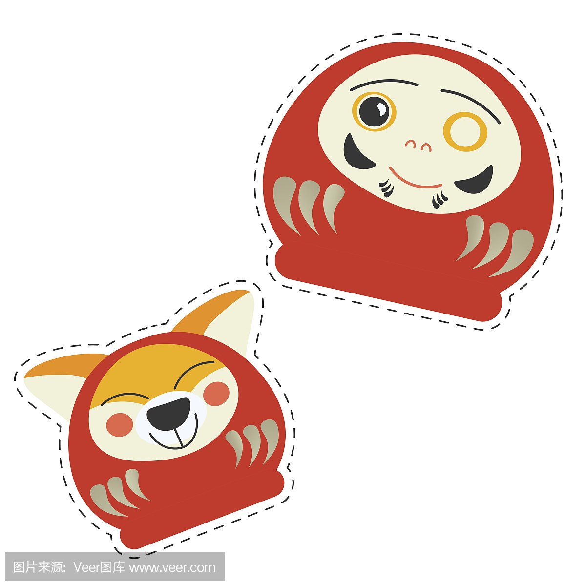 卡通贴纸模板为日本农历新年的狗。 Daruma娃